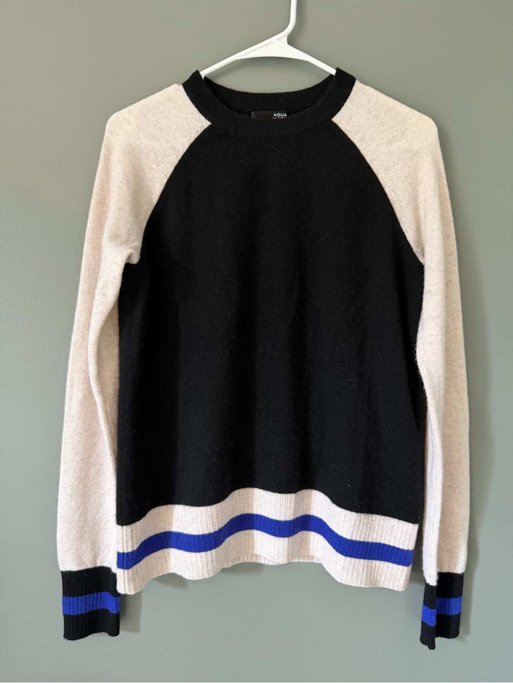 Aqua Cashmere Sweater Womens M Black Tan Blue Stripe Crewneck 100% Cashmere